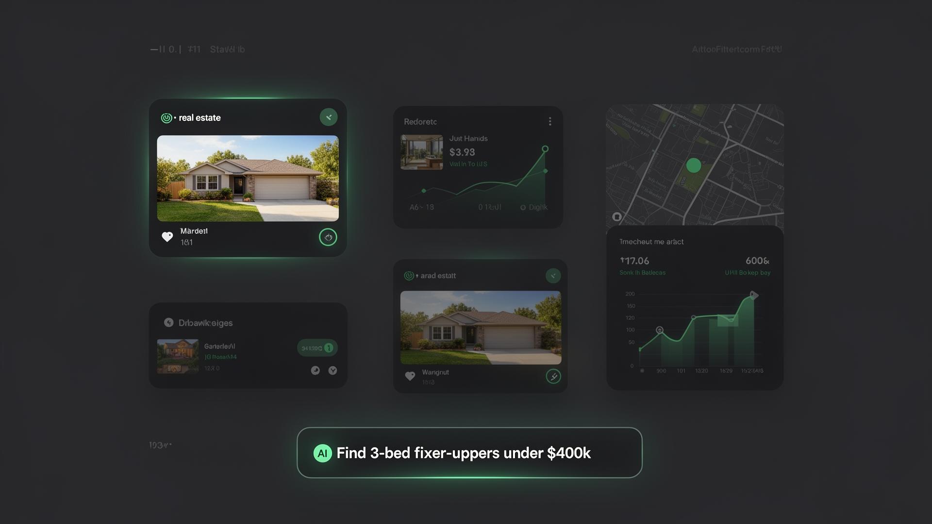 MLS AI Pulse dashboard showing a natural language search interface with property cards, market analytics, and a map view